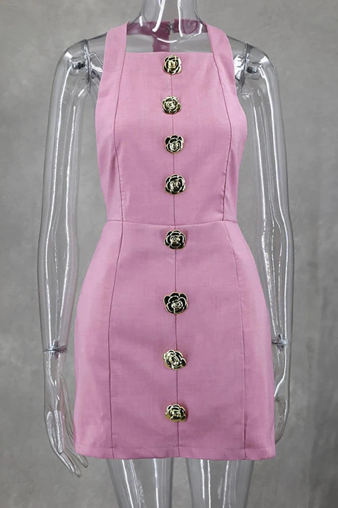 Backless Single Breasted Sleeveless Mini Dress with High Waist