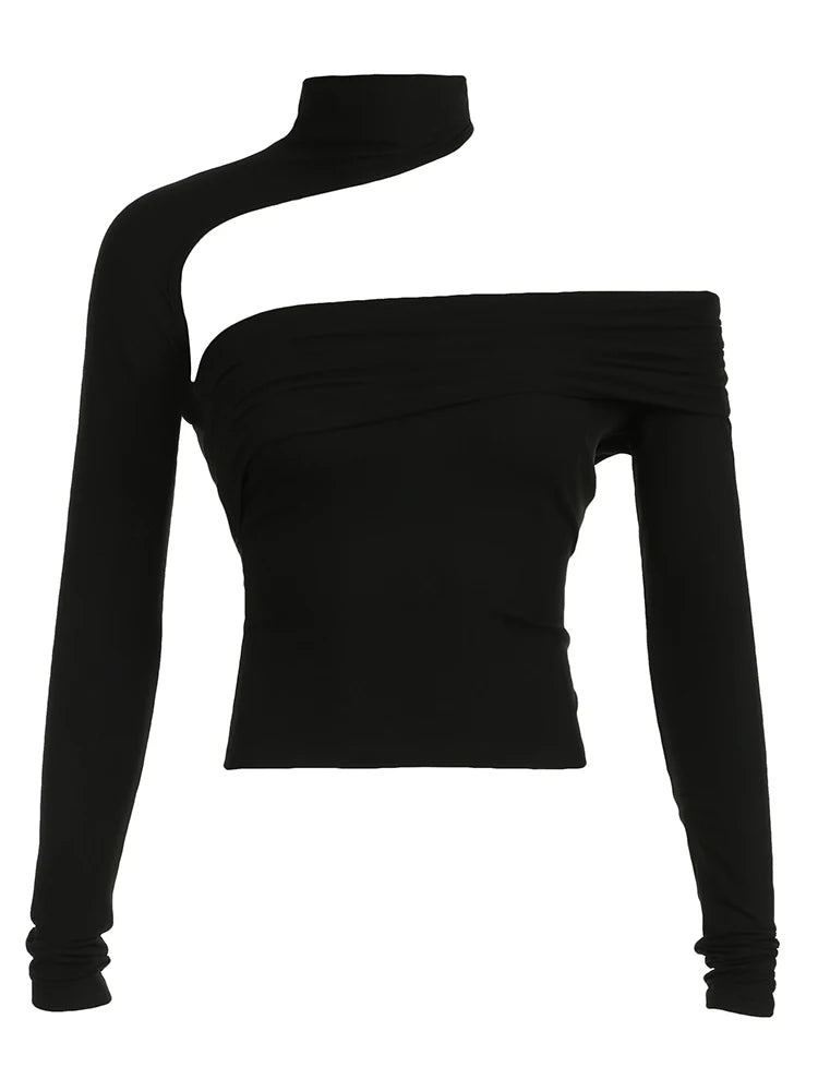 Asymmetrical Cut Out Sexy Choker T Shirt Women Black Skinny Off Shoulder Long Sleeve Crop Tee Rave Baddie Streetwear Tops