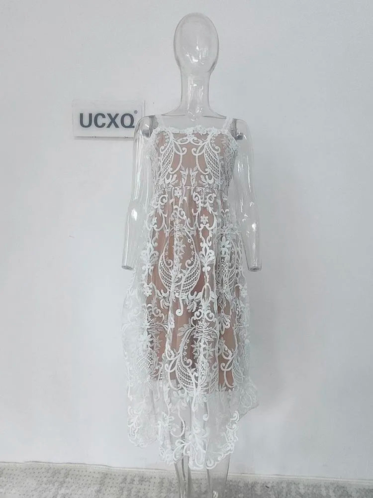 Square Neck Lace Embroidery Elegant Long Dress Fairycore Waist Sleeveless Camisole Dresses Women 2025 Spring Summer 23A8639