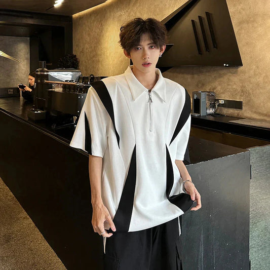 Laple T-Shirt Urban Streetwear Polo Style Two-Tone Design Casual Tee Y2K Trendy Oversized Top Breathable Cotton Blend