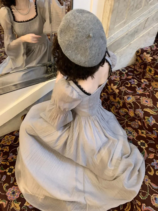 Autumn Princess Midi Dresses for Women Square Collar Flare Sleeve A-line Party Dress Slim Waist Korean One Piece Vestidos New