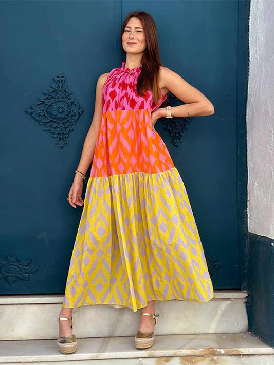 Chic Patchwork Printed Dress For Women Chic Round Neck Sleeveless Casual Maixi Dress Summer New Female Vacation Robe