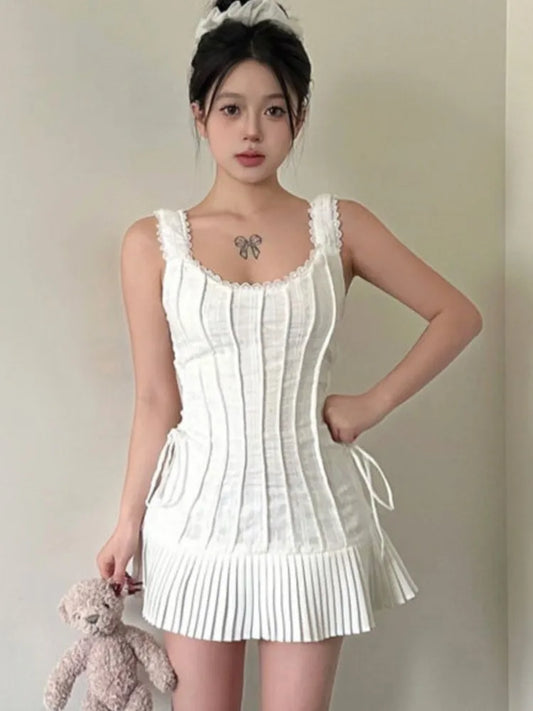 Elegant Pleated Short Dresses for Women Summer New Sleeveless Square Collar White Dress Korean Fashion Y2K One Piece Vestido