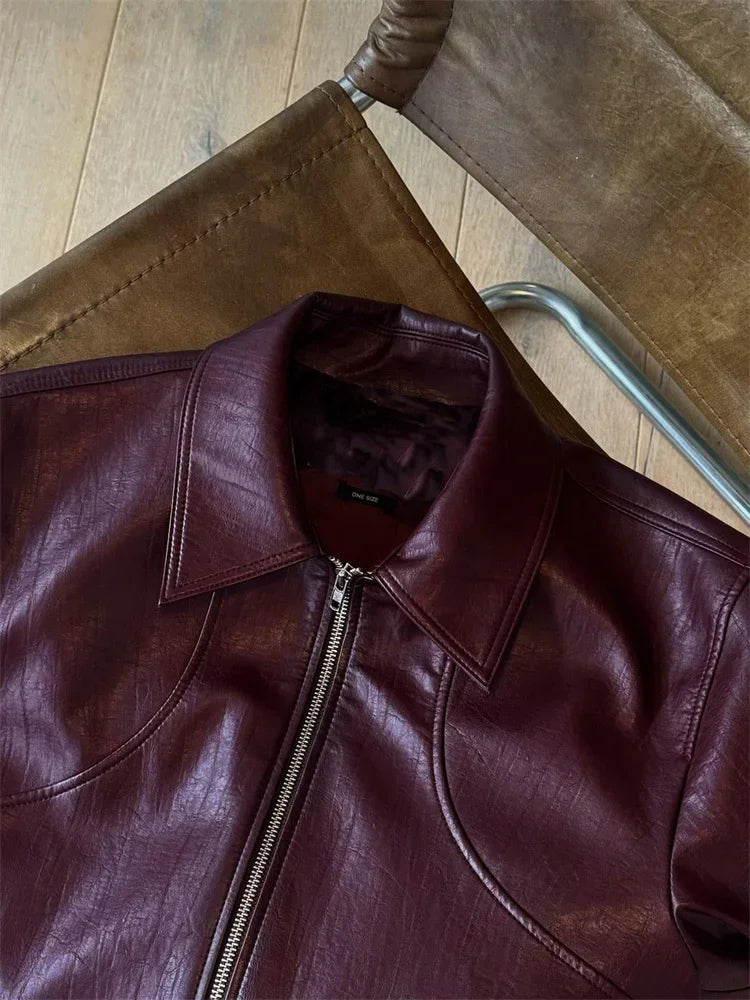 Autumn Lapel PU Outwear Female Zipper Pocket Fashion Patchwork Long Sleeve Solid Streetwear For Women Cropped Jacket Top