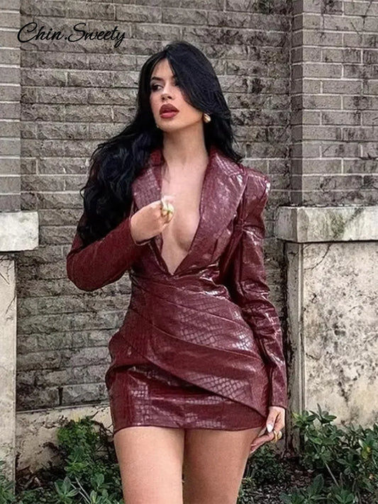 Sexy Burgundy Deep V Leather Mini Dress Women Lattice Shoulder Pads Long Sleeve High Waist Fold Dresses Lady Slim Short Robes