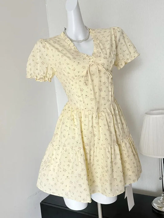 French Floral Printed Short Dresses for Women Y2K V-neck High Waist Birthday Party Dress Korean Chic Prom A-line Summer Vestidos