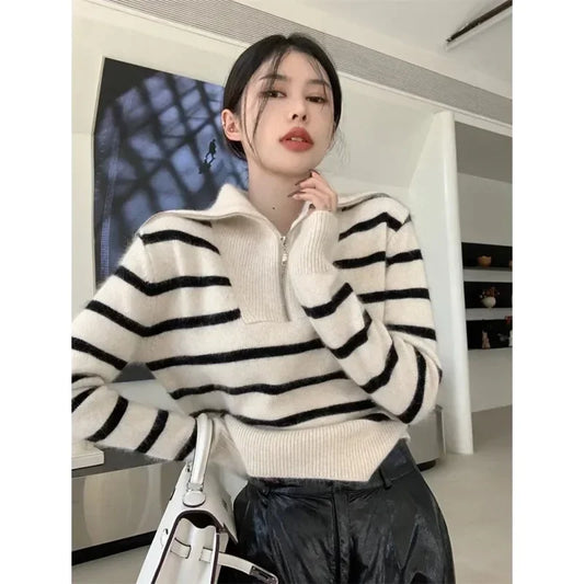 Women’s Autumn Winter New Fashion Retro Lapel Half Zipper Contrasting Stripes Sweater Casual Long Sleeved Loose Knitted Coat