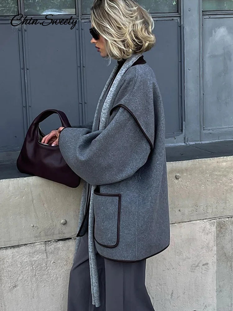Elegant Patchwork Belt Women’s Coats Women Contrast V-neck Long Sleeve Pocket Female Overcoats Autumn Lady New in Outwear
