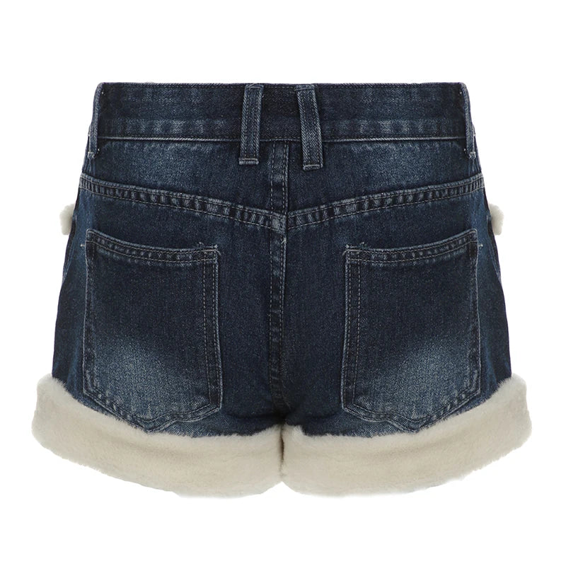 Kawaii Fluffy Trim Mini Jeans Women Chic Gentle Sweet Style Pants Fashion All-Match Blue Short Design