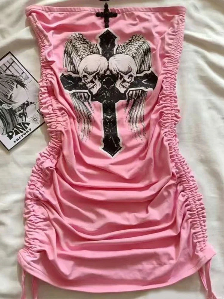 Y2K Gothic Skeleton Print Mini Dress