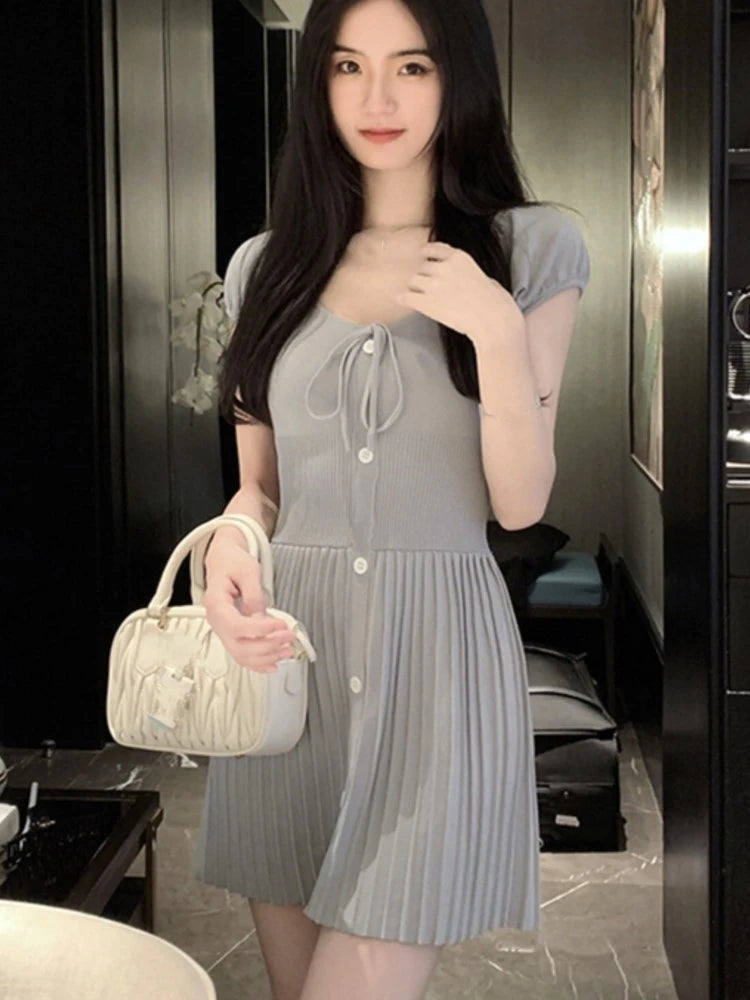 Sexy Knitted Dresses for Women V-neck A-Line Pleated Mini Dress Korean Fashion Solid Autumn Knitting One Piece Vestido Mujer New