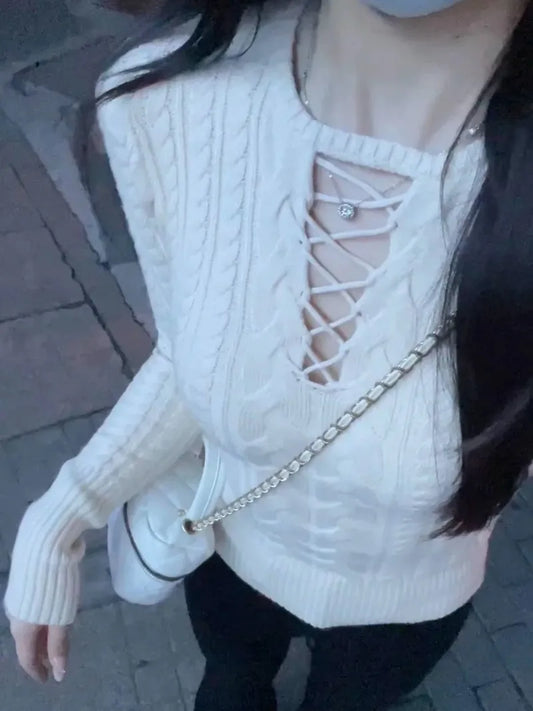 Y2K Vintage Punk Knitted Front Cross O-Neck Sexy Sweet Sweater