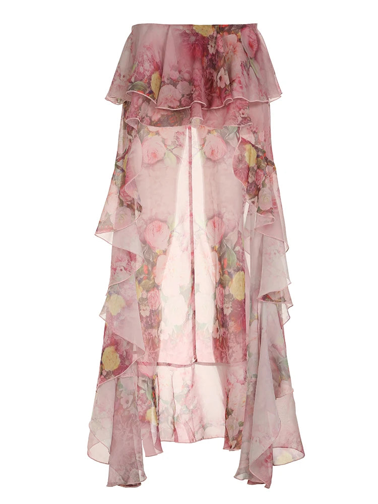 Beach Boho Floral Print Chiffon Ruffled Skirt Women Asymmetrical Dipped Hem Pink Romantic Elegant Sexy Vacation Skirts