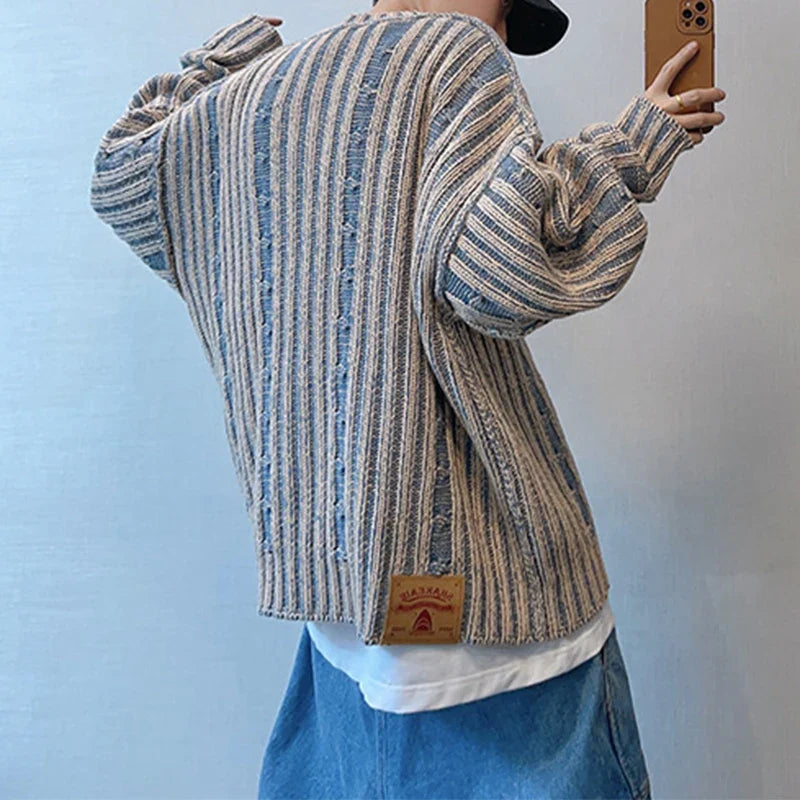 Voguable Fashionable Striped Knitting Sweaters Streetwear Y2K Loose O Neck Long Sleeve Knit T-shirts Vintage Sweater Tops
