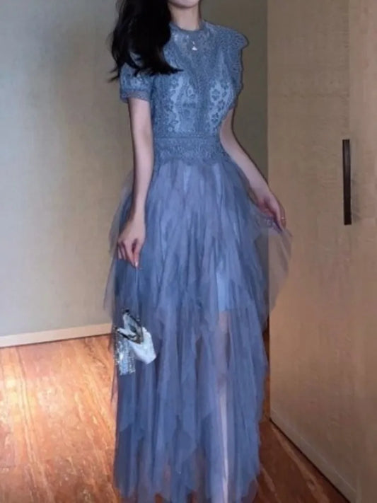 Korean Style O Neck Lace Hollow Out Patchwork Dress Elegant White Irregular Mesh Dresses Women 2025 New Spring Summer A7893