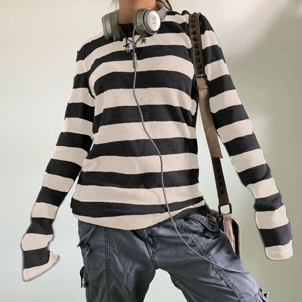 y2k Aesthetic T Shirt Grey Striped Long Sleeve Tops Gothic E Girl Punk Dark Academia Clothes Streetwear