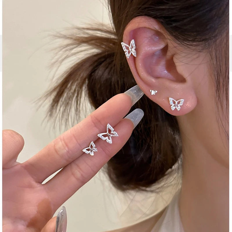 Lizakosht Mini Butterfly Stud Earrings Silver Rhinestone for Women and Girls Fashion Jewelry