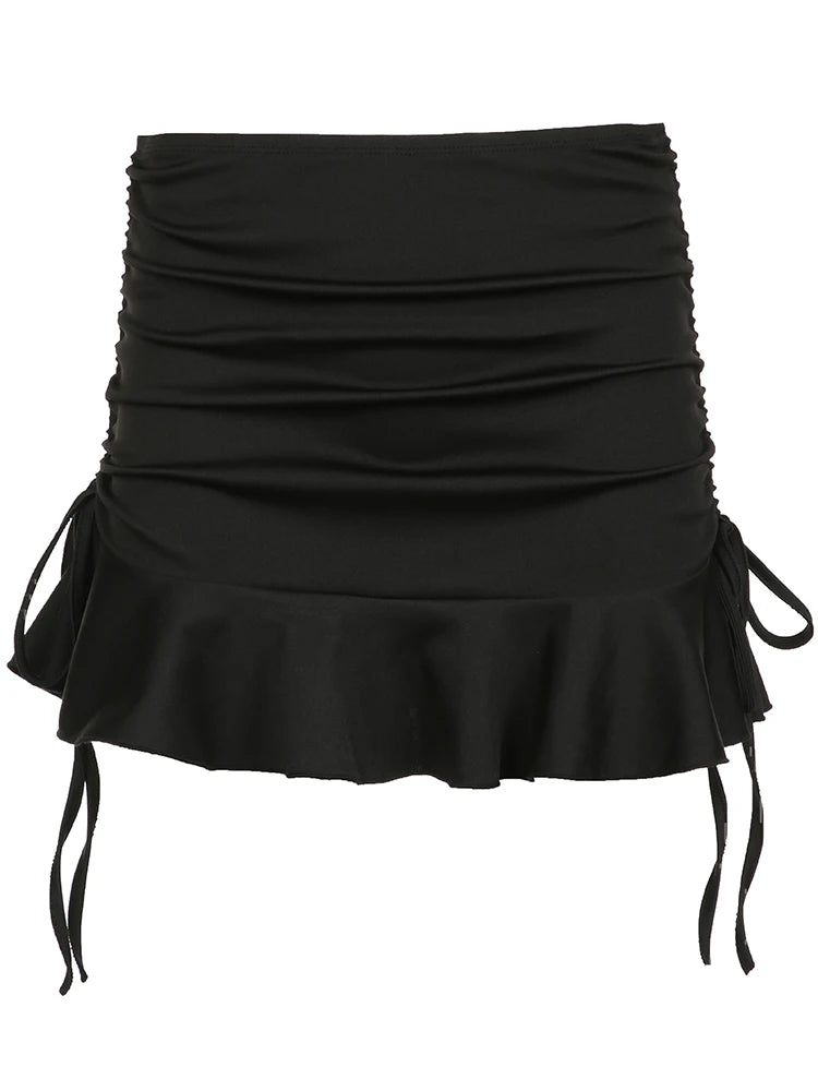 Black Solid Shirring Tie A Line Ruffles Skirts For Women Low Waist Y2K Summer Baddie Outfits