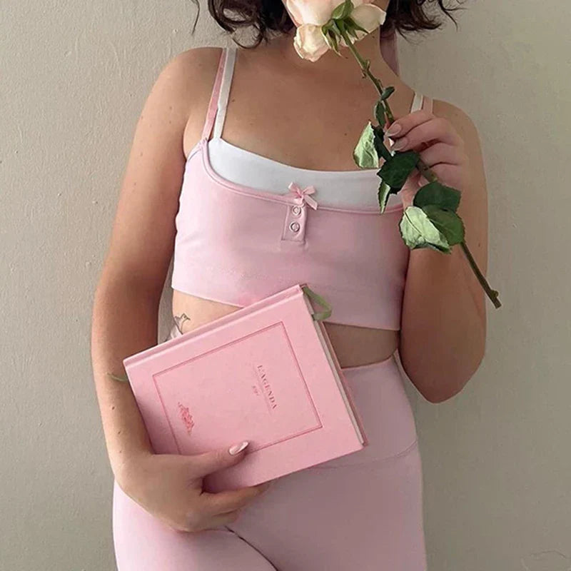 Voguable Sweet Patchwork Camis Bow Buttons Up Sleeveless Crop Tops Y2K Aesthetic Casual Basic Vest Fitness Sports Tanks