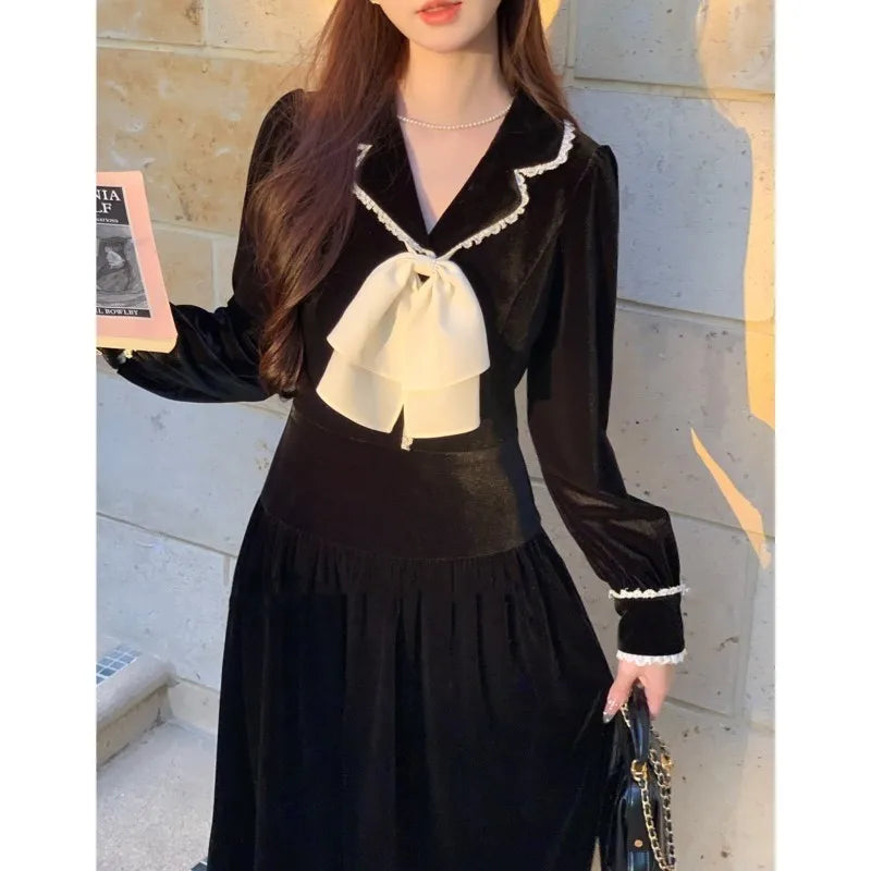 Elegant Vintage Lapel Midi Dresses for Women Bow Long Sleeve Birthday Party Dress A-line Autumn New Korean Fashion Vestido Mujer