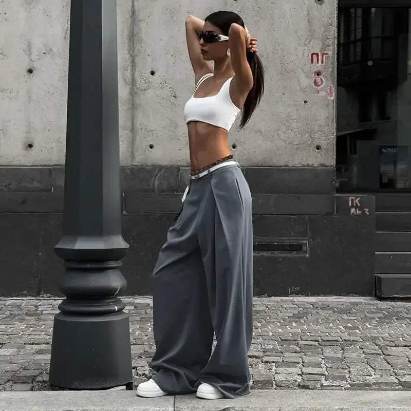 Y2k Lace Patchwork Waist Pants Women Baggy Casual Korean Fashion Office Oversize Trousers Basic Old Money Pantalones
