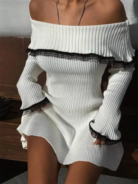 Knit Off-Shoulder Sweater Mini Dress Women’s Lace Patchwork Ribbed Slim Backless Elegant Party Dress Knitwear Mini Dress