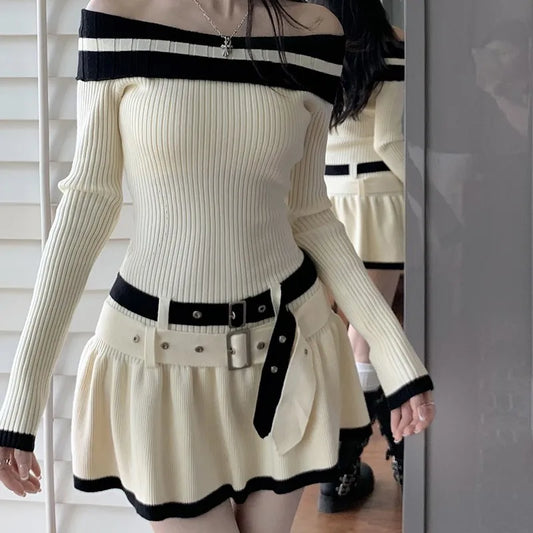 Y2K Slim Casual Knitted Mini Dresses Women Off Shoulder Elegant Korean Fashion Short Party Dress with Belt Autumn New Clothing