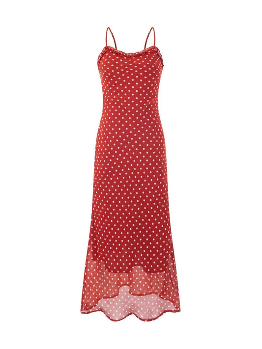Elegant Red Chiffon Polka Dot Beach Dress for Women Summer Sexy Spaghetti Strap Holidays Dress Fashion Backless Party Outfits