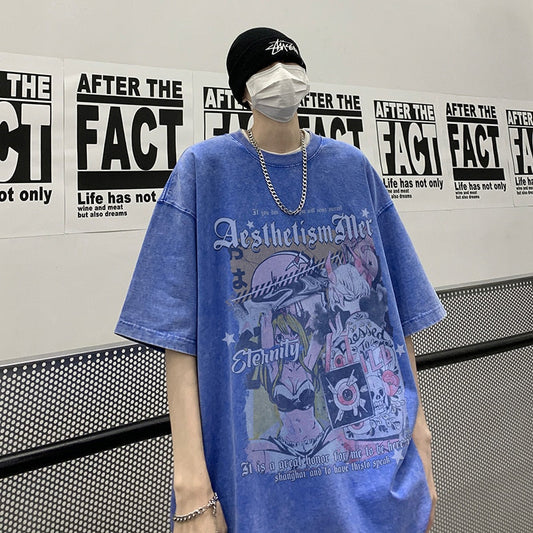 High Street American Short Sleeve T-shirt Graffiti Loose Washed Trend Y2k Casual Top Tshirt Streetwear Cotton Tees