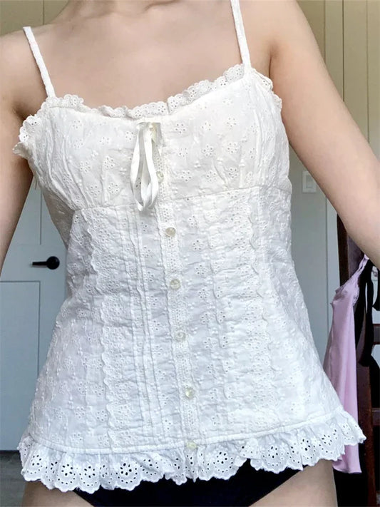 Lace White Corset Tank Tops Spaghetti Strap Sleeveless Camisole Tops Y2K Aesthetic Casual Vest Shirts Female