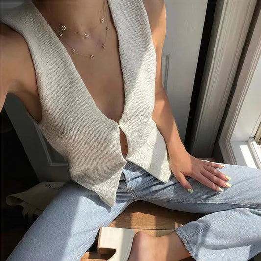 Vintage Y2k Sweater Knitwear Vest Fitted Sleeveless Open Tie-Up V Neck Solid Color Tank Tops Cardigan Tide