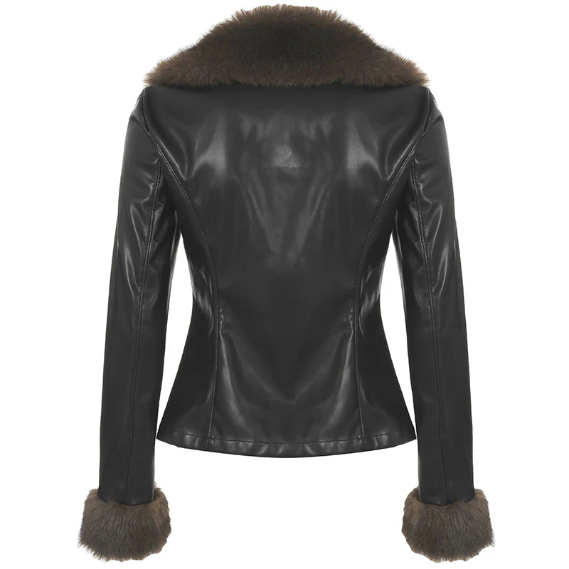 s Autumn New Clothes Women¡¯s Leather Coat Long Sleeve Spliced Faux Trim Button Slim Fit Chic Coat