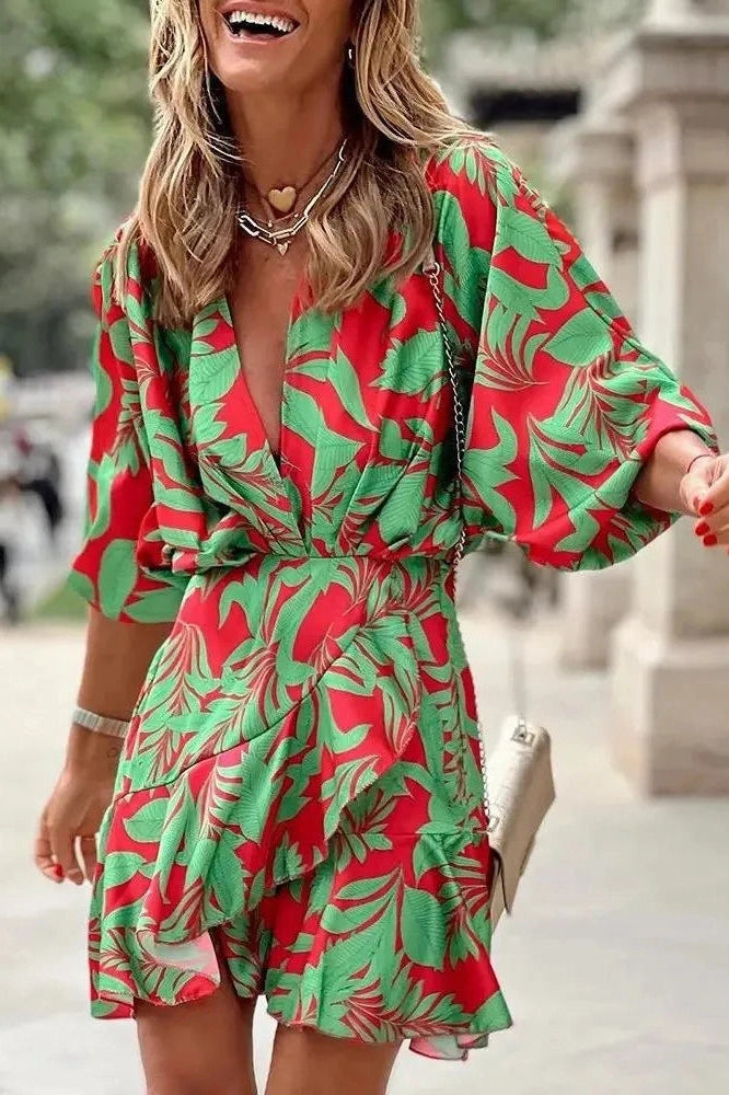 Elegant Irregular Mini Dress with Printed Sleeves