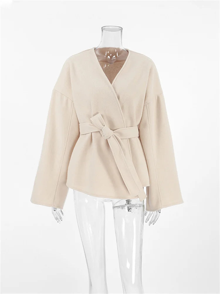 Lace-Up White V-Neck Overcoat Female Loose High Street Long Sleeve Autumn Patchwork Coat Women’s Bandage Outwear New