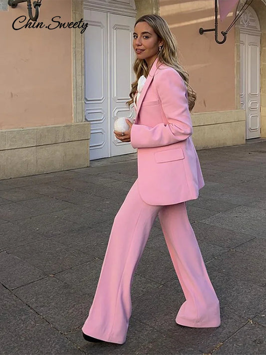 Elegant Blazer Pants Set Solid Loose Lapel Single-breasted Coat Wide Leg Trousers Sets Fall Office New in Matching Suits