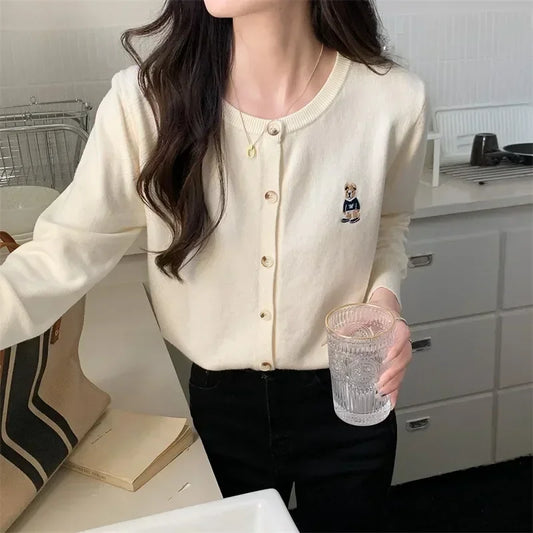Spring Autumn Women’s Knitted Cardigan Korean Single Breasted Long Sleeve Jumper Woman Chic Round Neck Cardigans Outwear
