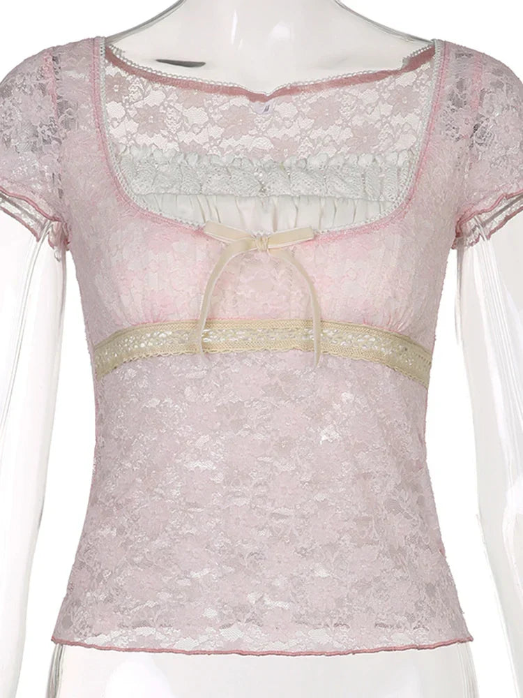 Voguable Bow Patchwork Lace Crop Top Y2K Aesthetic T-shirt Short Sleeve Kawaii Clothes Lolita Style Cute Pullovers Fairycore Tee