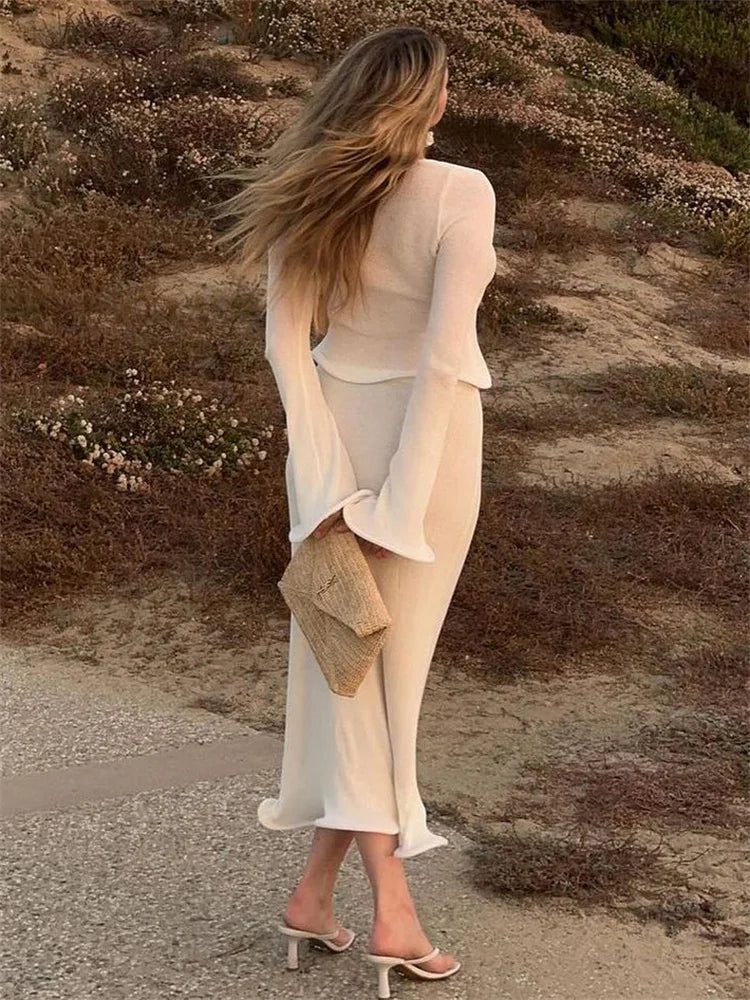Ruffled Knit 2 Piece-Set Long Skirt Women Hollow Out Long Sleeve Slim Cropped Top And Solid Maxi Skirt Sets Female Outfits