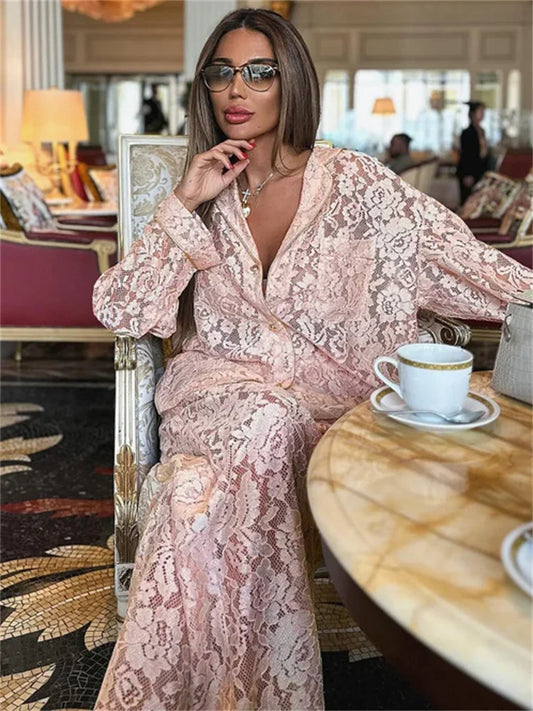 Lace Hollow Out Printed 2 Piece-Set Trousers Female See-Through Sexy See-Through Shirts And Fashion Women’s Pants Outfits