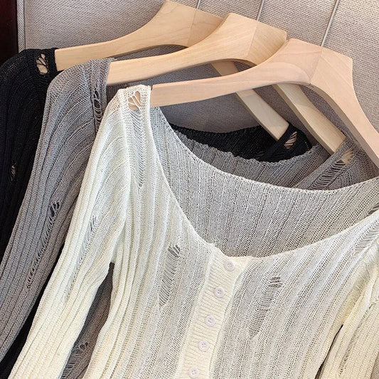 Hollow Out Knitted Cardigan Y2K Korean Streetwear Hole Long Sleeve Sweaters Thin Irregular FeTops