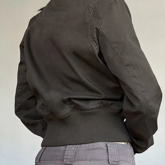 Fashion Y2K Women Cargo Jacket with Zipper Vintage Autumn Casual Stitch Detail Lady Pockets Coat Street Outfits