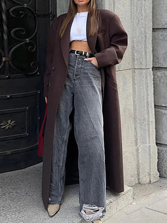 Elegant Lapel Pocket Woolen Long Trench Coat Women Fashion Full Sleeve Loose Overcoat Autumn Winter Lady Commute Outwear