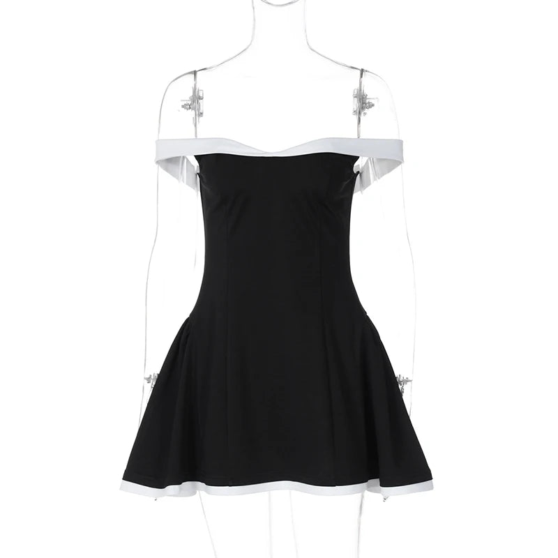 Sexy Tube Top Gown Dress For Women Slim Contrast Color Mini Dresses Elegant Backless One-Shoulder Clothes Female Chic
