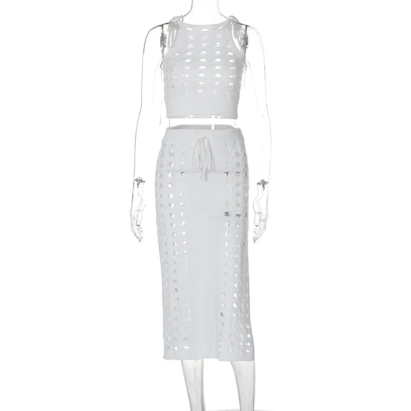 Slim Hollow Out Skirt Suit Knitted For Women Sleeveless Strapless Top Summer New High Waisted Lace Up Split Long Skirt