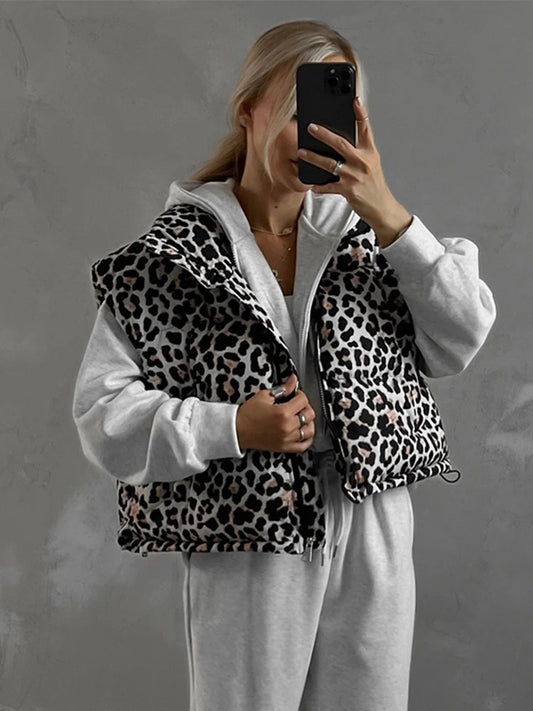 Vintage Leopard Zipper Cotton Vests Women Casual Loose Sleeveless Lapel Short Coats Female Autumn Chic Elegant Street Outwear