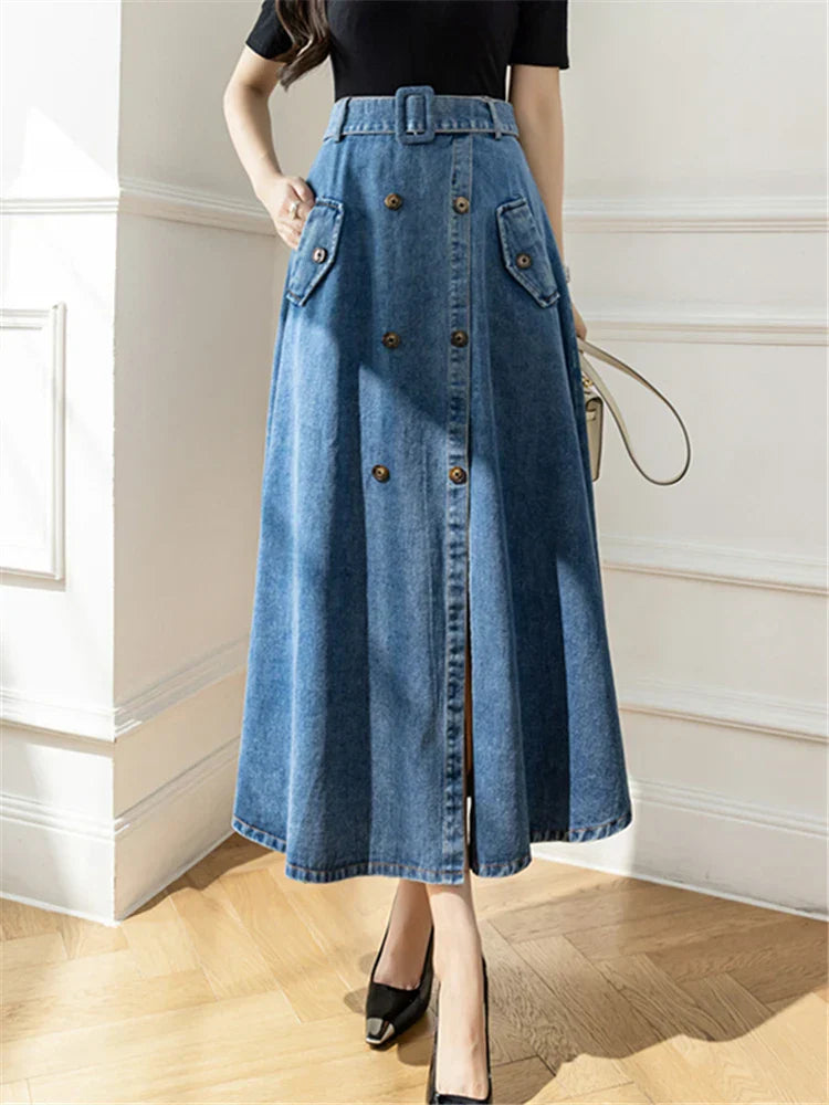 2025 Women's Long Skirt With High Wasit Double Breasted Umbrella Jeans Female Skirt