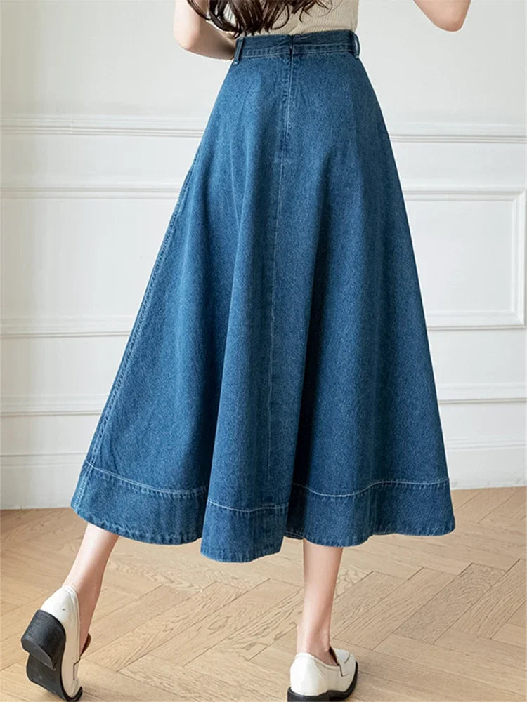 Waist Women's Denim Long A-Line Spring Summer Vintage Cowboy Jeans Umbrella Pockets New Skirt