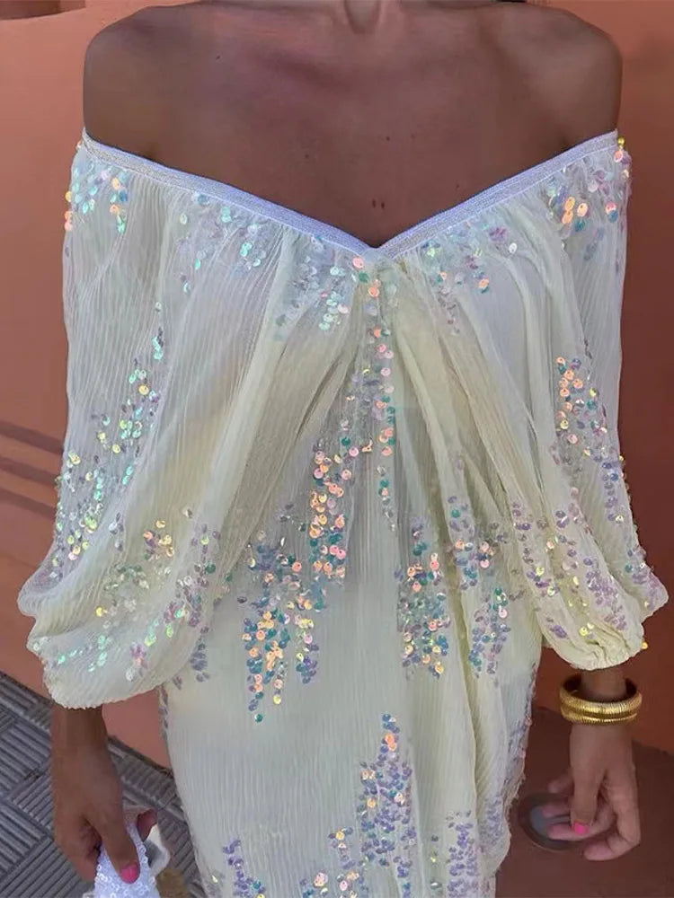 Sequins Strapless Pleated Women Slash Neck Lantern Sleeve 2025 Spring Ladies New Evening Party Vestido Midi Dress