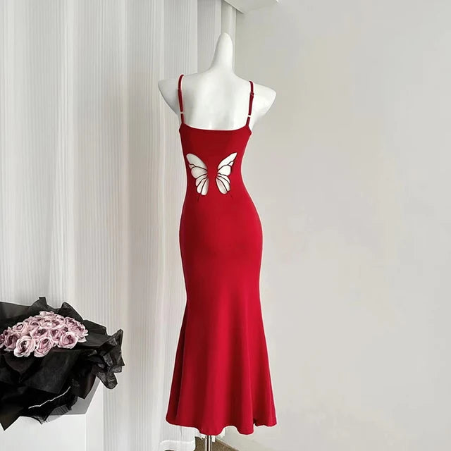 Sexy Hollow Butterfly Backless Dresses Women Y2K Summer Elegant Outfits Lady Red Maxi Dress Bodycon Birthday Party Club Sundress