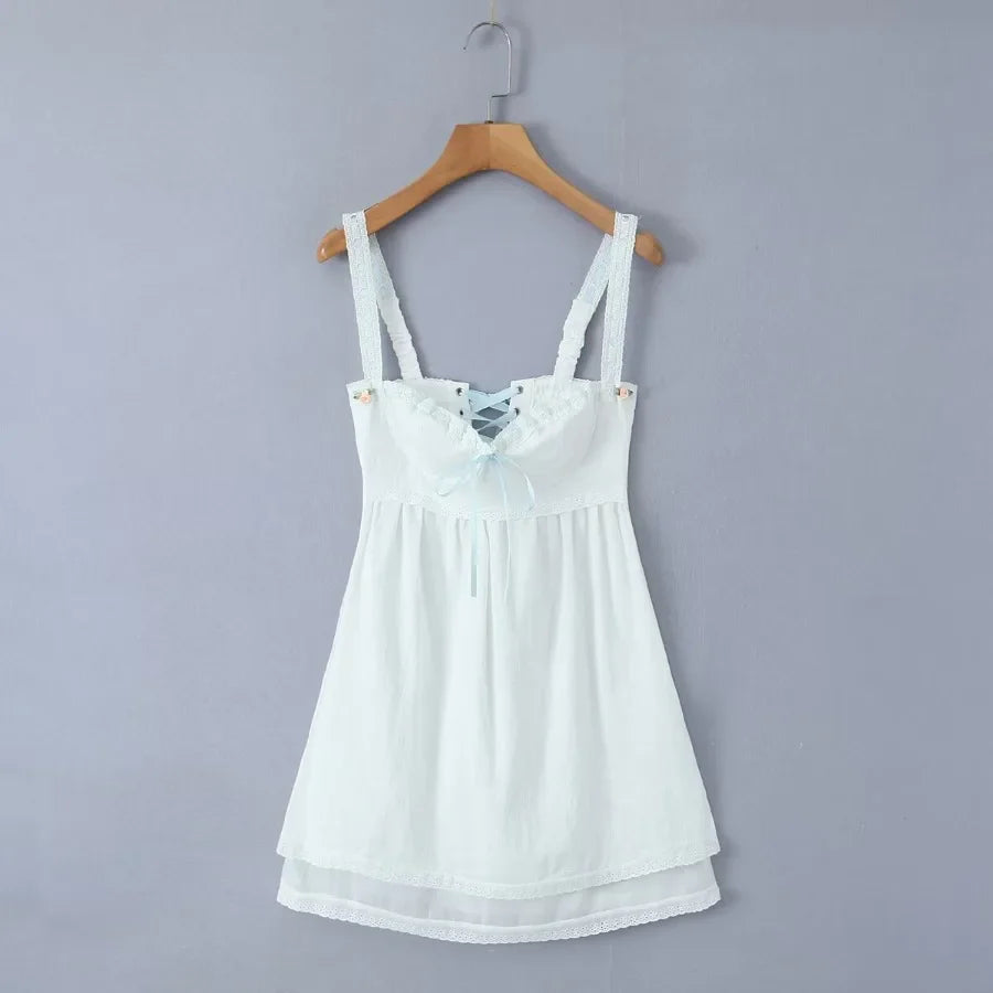 FashionSierra-Sexy Sleeveless Deep V Neck Strap Mini Women Cotton White Lace Short Summer Party Lace Up Back Beach Robe Boho Dress